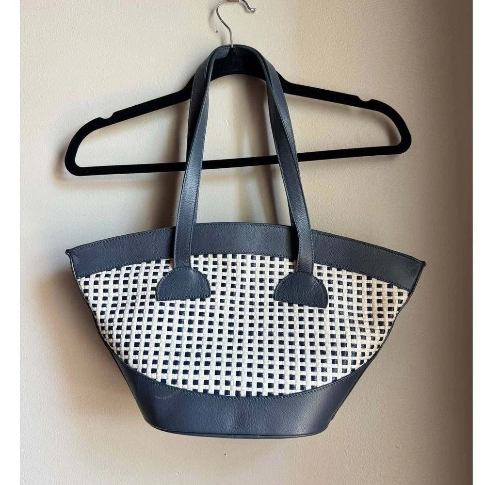 CYEDRA Navy Blue Woven Leather Tote Bag Raffia Coastal Resortwear Quiet Luxury
